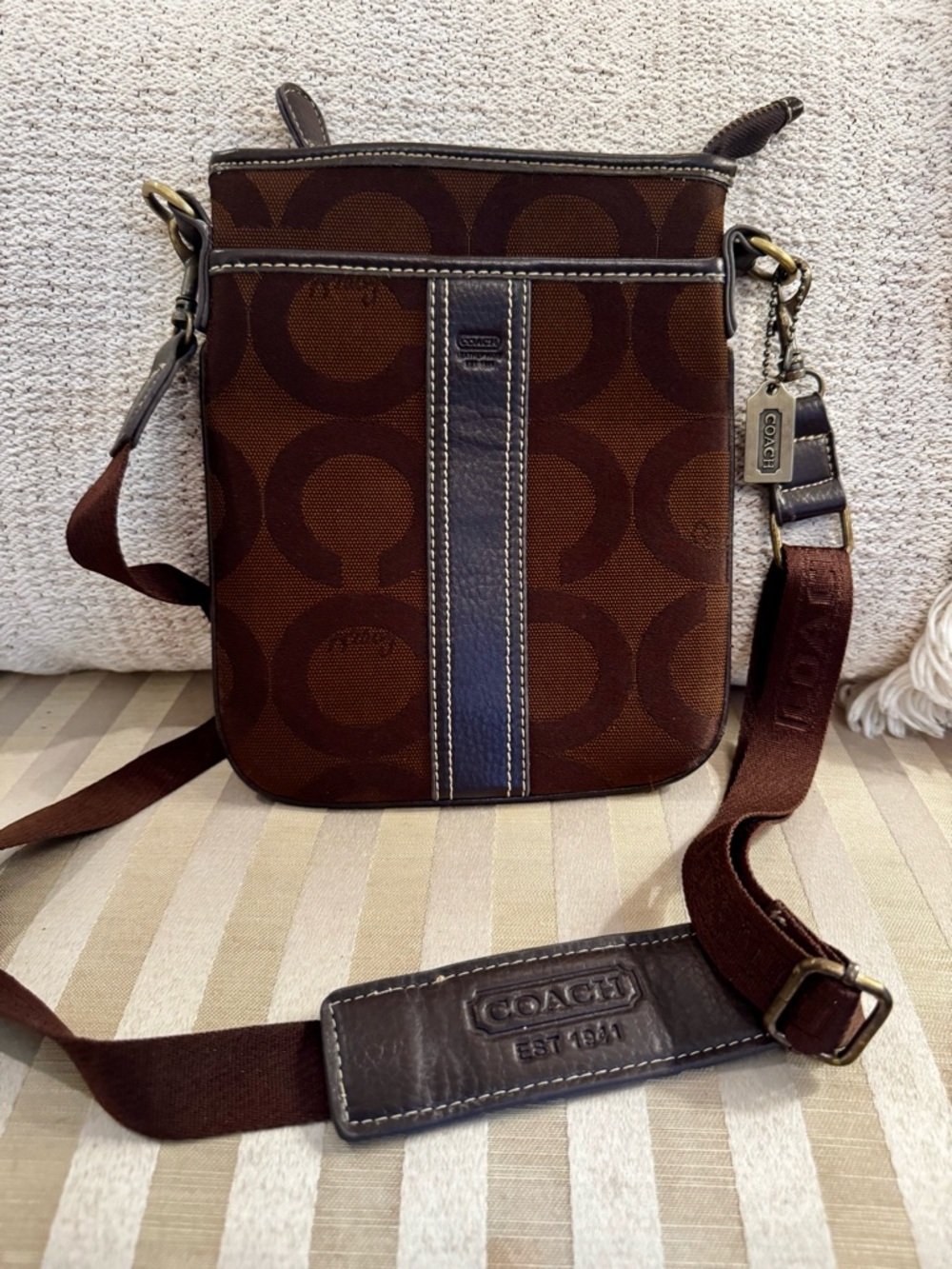 Coach Brown Signature Messenger Bag with Blue Accent-Vintage